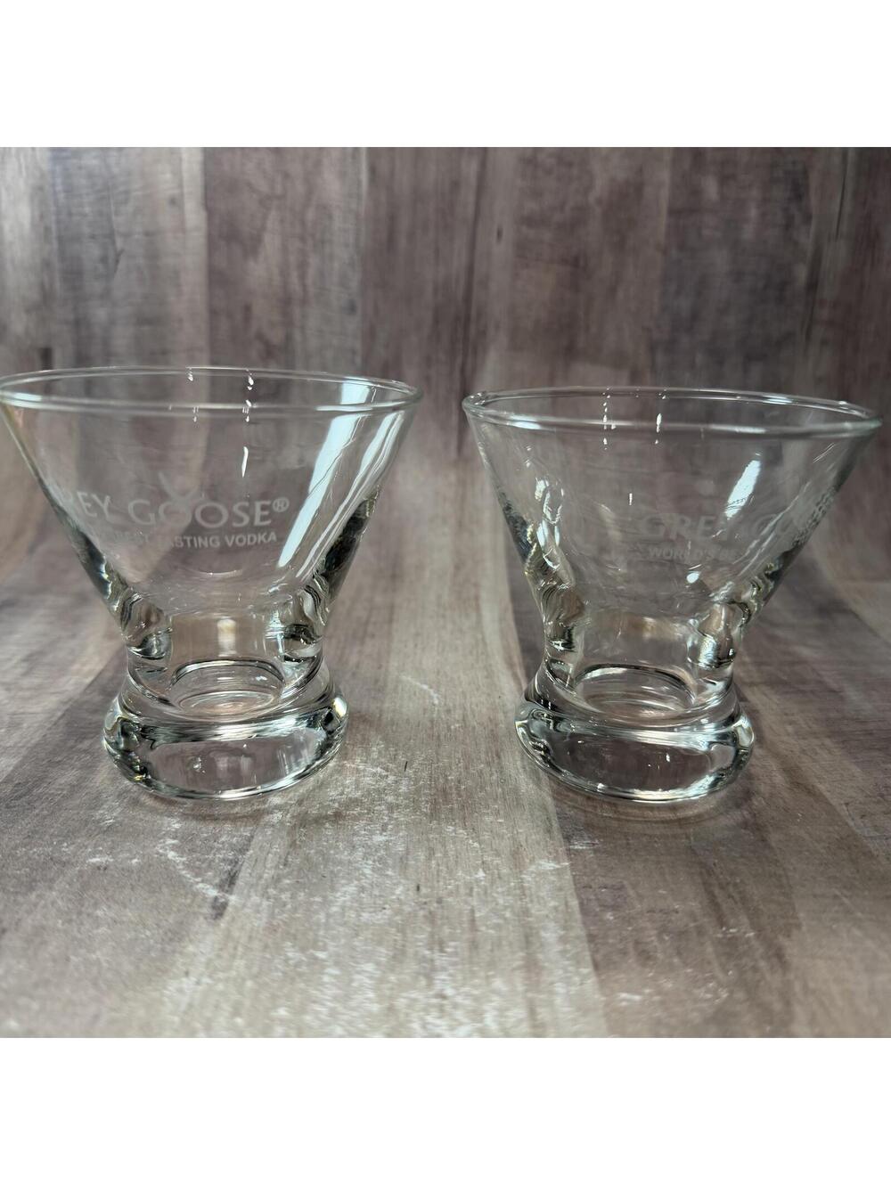 Set of 2 Grey Goose Vodka Stemless Martini Cocktail Glasses Etched